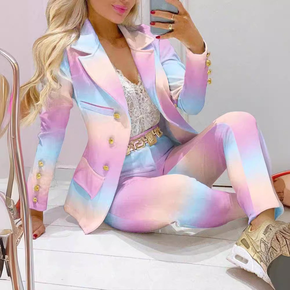 2024 Cross-border Autumn And Winter Hot Amazon European And American Fashion Printing Long Sleeve Casual Small Suit Pants Suit