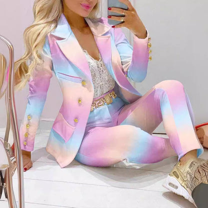 2024 Cross-border Autumn And Winter Hot Amazon European And American Fashion Printing Long Sleeve Casual Small Suit Pants Suit