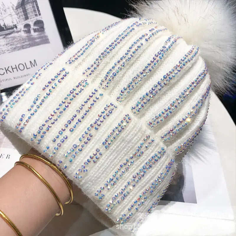 Knitted Woolen Hat Women's Bright Diamond Matching Fur Ball Hat All-match Winter Plus Velvet Thickened Warm Pullover Hat Cold Hat Women