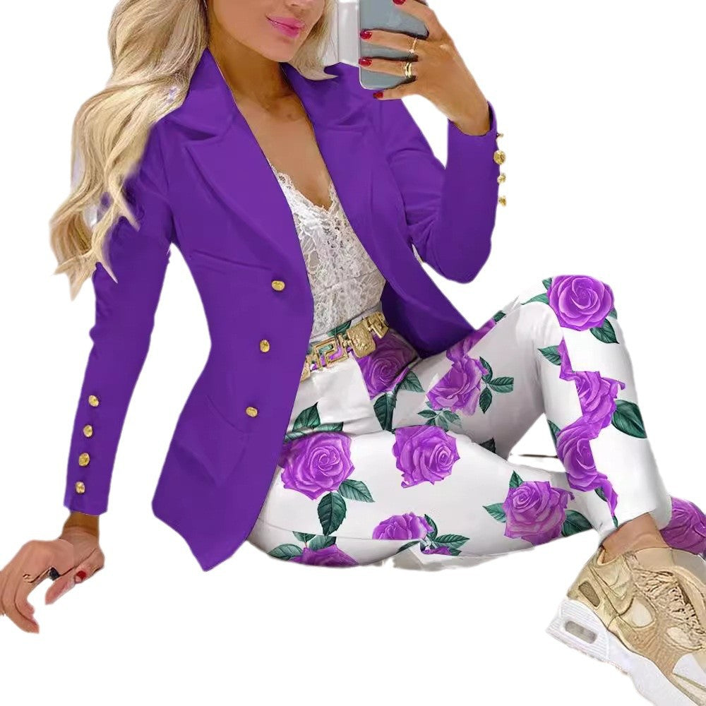 2024 Cross-border Autumn And Winter Hot Amazon European And American Fashion Printing Long Sleeve Casual Small Suit Pants Suit