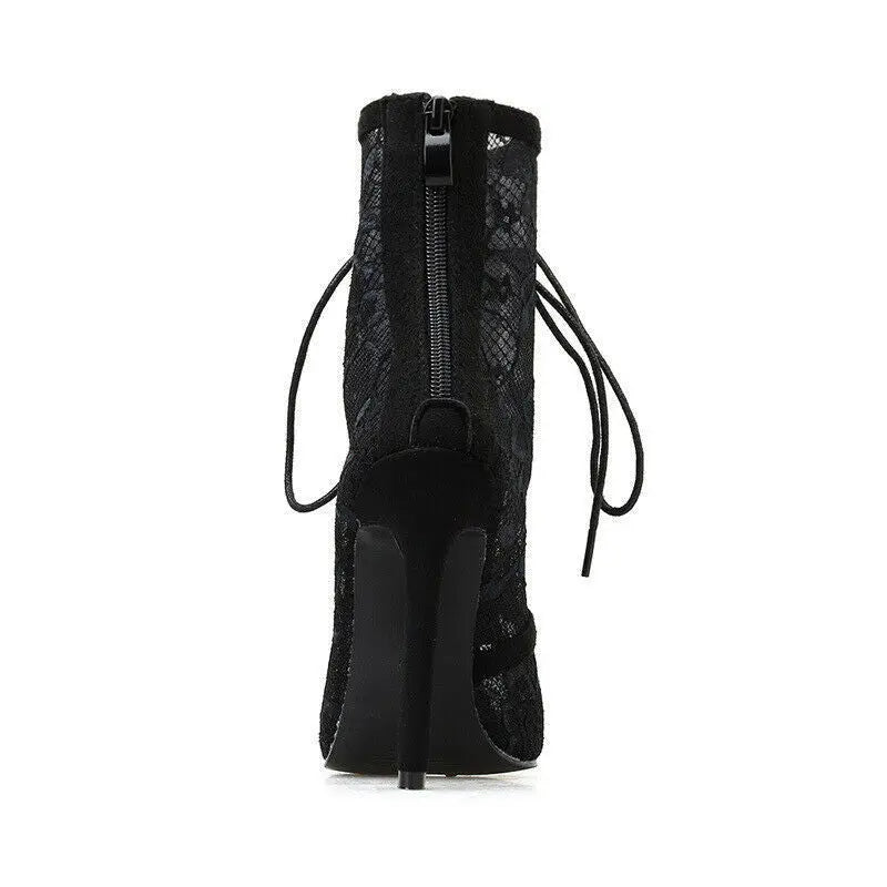 New Sexy Pointed Toe Front Lace Hollow Lace High Stiletto Ladies Large Size Fashion Sandals