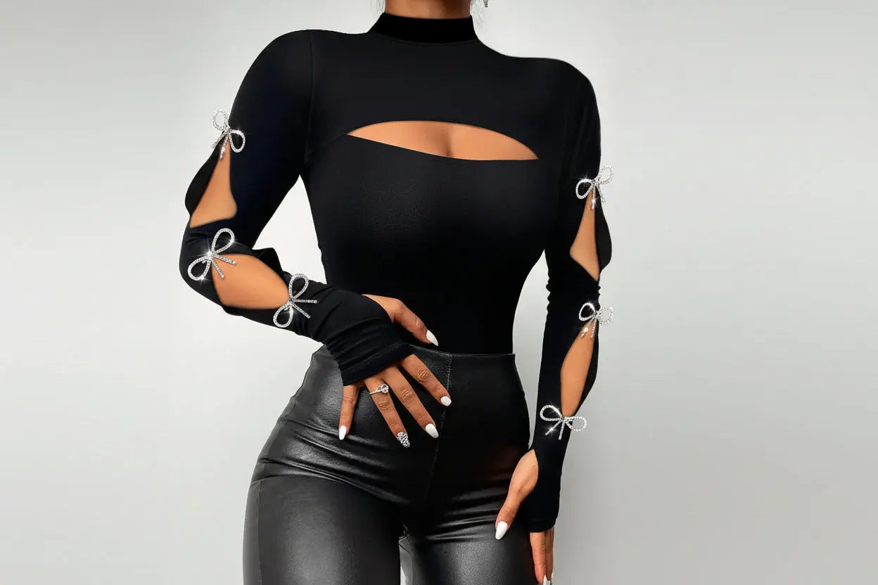 New European And American Women's Fashion Strapless Hot Diamond Long-sleeved Top