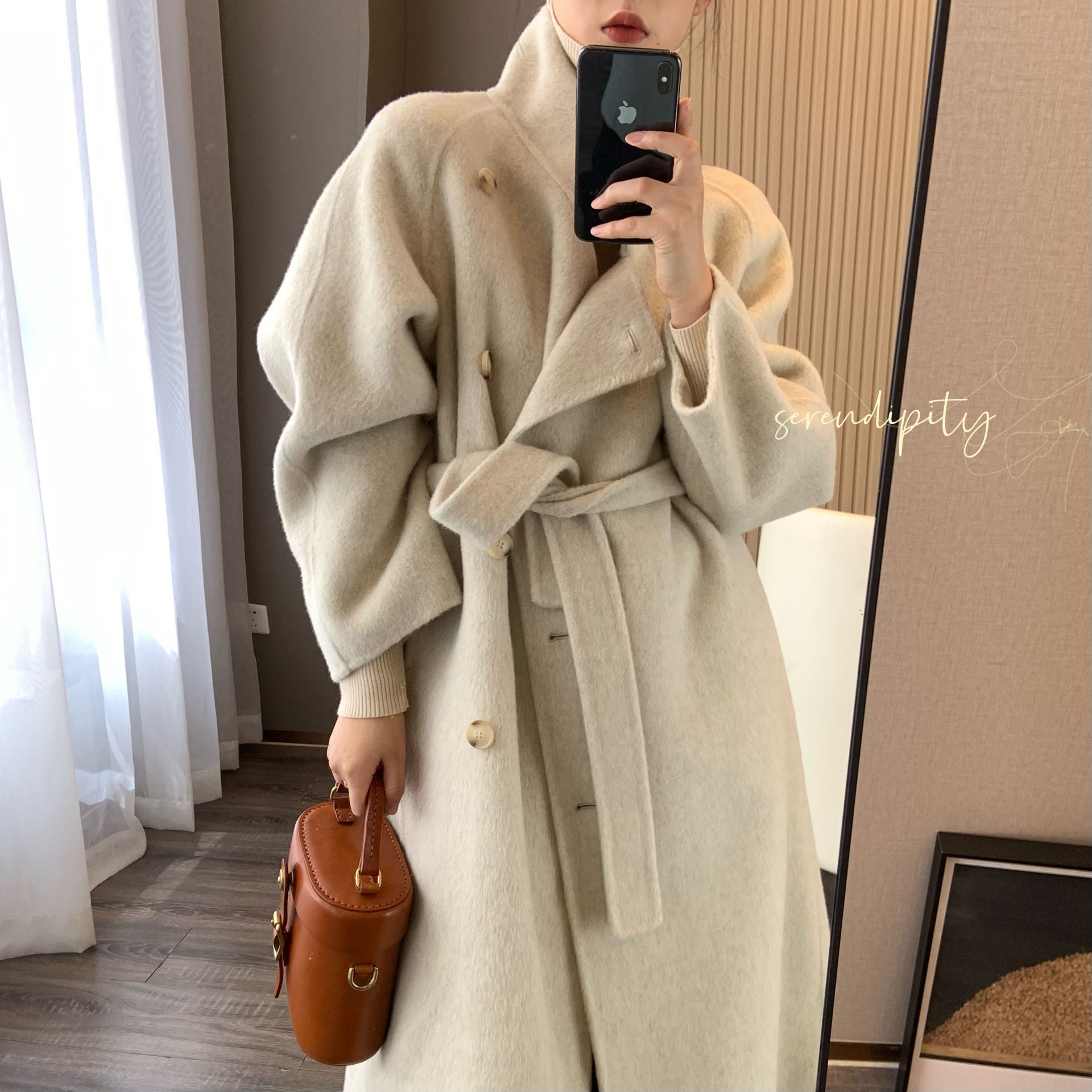 100 Sheep Wool Long-haired Mid-length Double-sided Woolen Coat With Stand-up Collar And Oblique Breasted Buttons