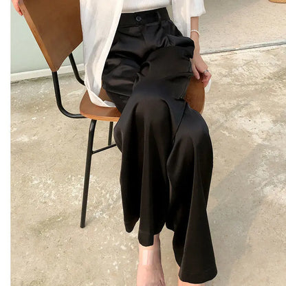 Acetate Satin Straight-leg Wide-leg Pants Women's Pendant Spring And Summer Look Thin Imitation Silk Loose Korean Style Wear Black Long Pants
