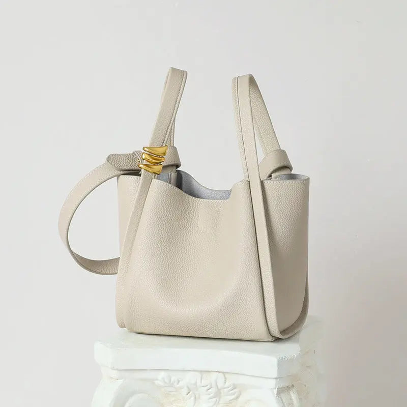 Women's Cowhide Leather Bucket Tote Bag with Inner Pouch