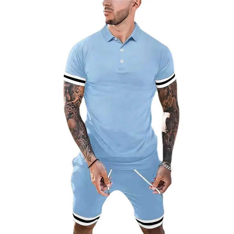 Men’s polo shirt & shorts set available in black, navy blue, gray, white, light blue, and dark green – featuring white stripe accents, breathable fabric, and versatile styling
