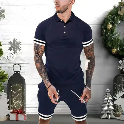Men’s polo shirt & shorts set available in black, navy blue, gray, white, light blue, and dark green – featuring white stripe accents, breathable fabric, and versatile styling