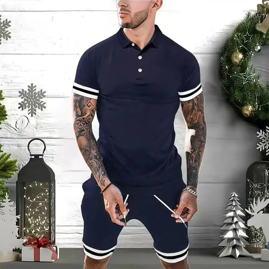 Men’s polo shirt & shorts set available in black, navy blue, gray, white, light blue, and dark green – featuring white stripe accents, breathable fabric, and versatile styling