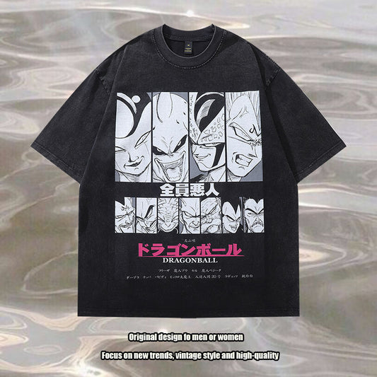 American Cartoon Direct Injection Printing Heavy Small Neckline Washed Distressed Short Sleeve T-shirt Men And Women Retro Half Sleeve Tee