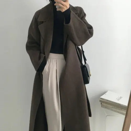 2022 Korean Autumn And Winter New Temperament Self-cultivation Lace-up Waist-over-knee Long Imitation Cashmere Woolen Coat Women's