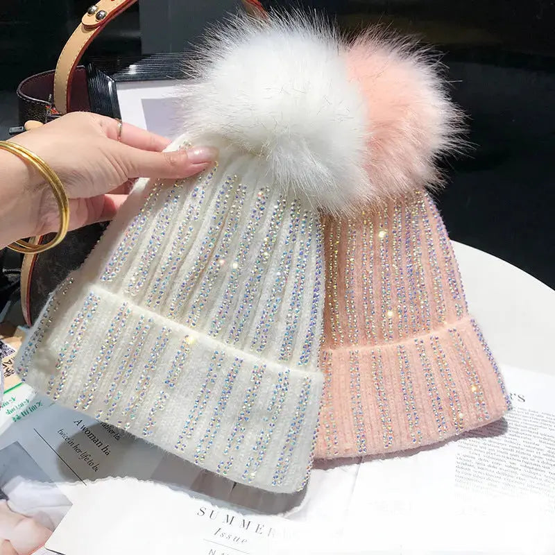 Knitted Woolen Hat Women's Bright Diamond Matching Fur Ball Hat All-match Winter Plus Velvet Thickened Warm Pullover Hat Cold Hat Women