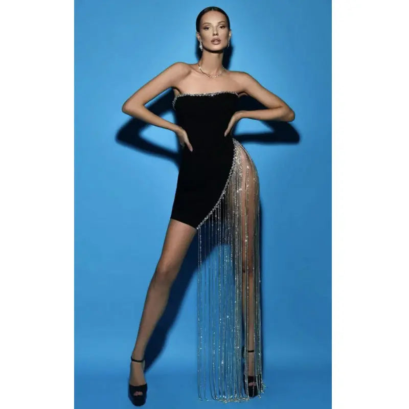 Sexy Split Long Tassel Black Bandage Tube Top Dress Nightclub Party Wear