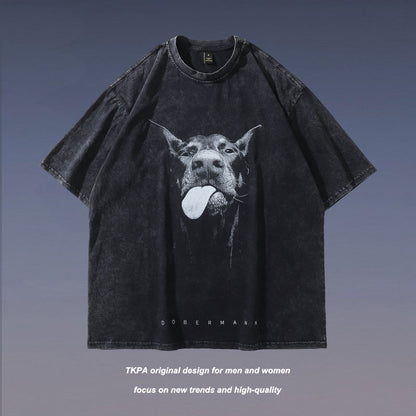 Doberman Printed Washing Water Vintage Vintage High Street Trendy Brand Loose Round Neck Short Sleeve T-shirt For Men And Women Street