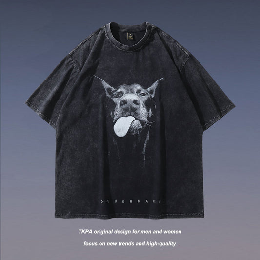 Doberman Printed Washing Water Vintage Vintage High Street Trendy Brand Loose Round Neck Short Sleeve T-shirt For Men And Women Street