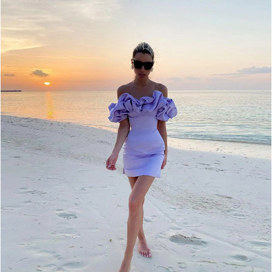 Solid Color Strapless Floor Shoulder Ear Edge Dress