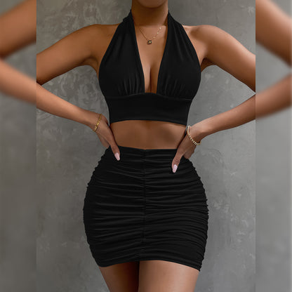 Women&amp;#039;s Two-piece Halterneck Tie Wrap Hip Skirt Sexy Umbilical Exposed Pleated V-neck Suspender Skirt