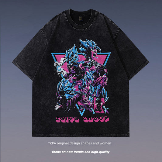 Harajuku Hip-Hop Japanese Animation Cartoon Printed Washed Short-Sleeved T-Shirt For Men And Women Street Fashion Brand Half-Sleeved Tee Shirt