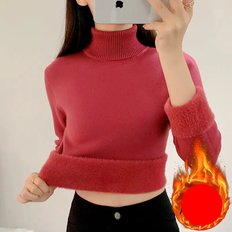 Fleece-lined Thickened Turtleneck Sweater Women's New Inner Warm One-piece Fleece Base Shirt Red New Year Sweater For Autumn And Winter