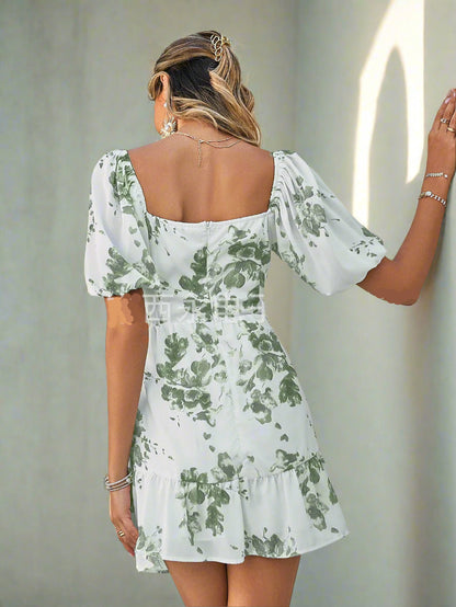 Summer Printed Retro Ins Style Suspender Skirt European And American Spring And Summer Mid-waist Green Temperament Commuter Dress