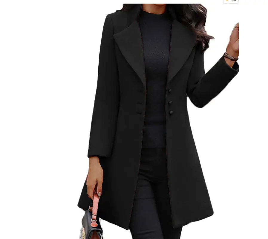 Mid-length Lapel Slimming Solid Color Slim-fit Women's Woolen Coat
