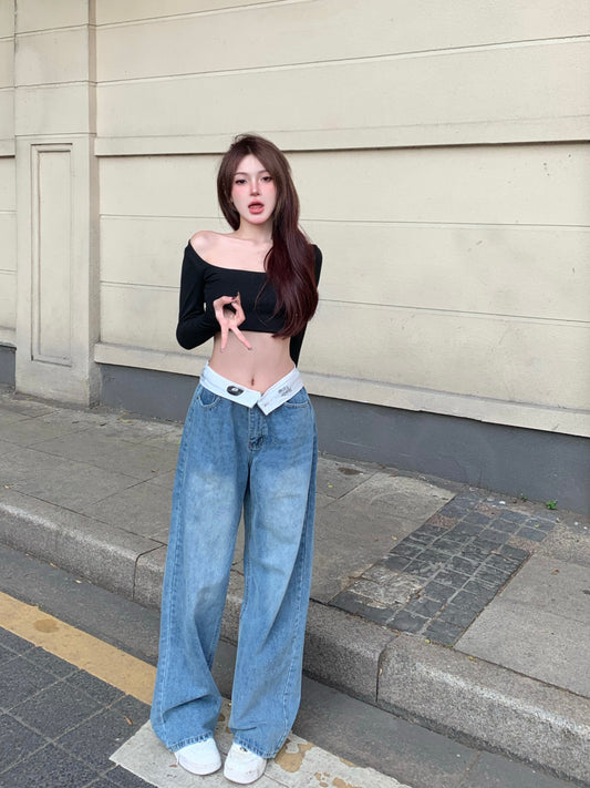 Niche Retro Jeans Women's Summer And Autumn Dipped Floor Trousers Design Loose High Waist Straight Leg Wide Leg Pants