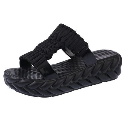 Wool Slippers Women's New Fashionable Korean Style One-word Outer Wear Thick Bottom Platform Sandals Casual Mid-heel Knitted Women's Trendy Shoes