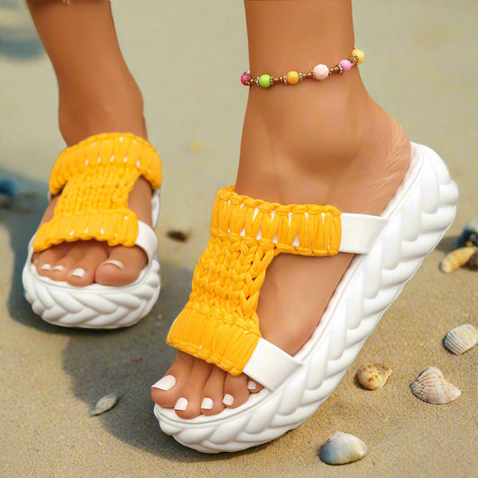 Cross-border Plus Size Thick-soles Lightweight Woven Slippers Women 2024 Summer European And American New Bright Color Slippers Women