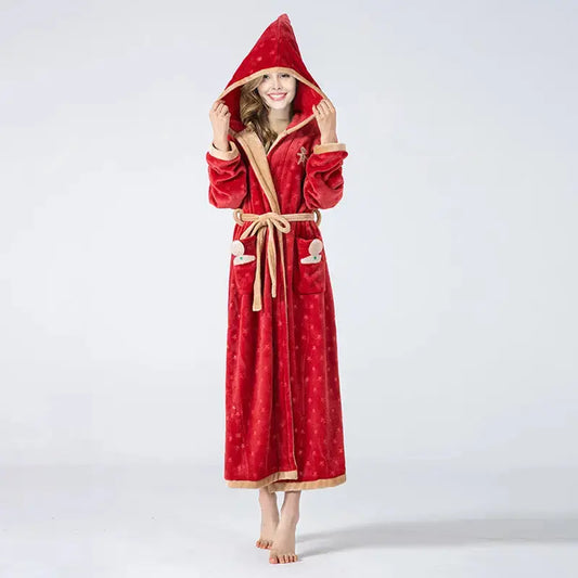2022 Cross-border New Products Thickened And Long Red Hooded Lace-up Flannel Nightgown Embossed Star Dressing Gown