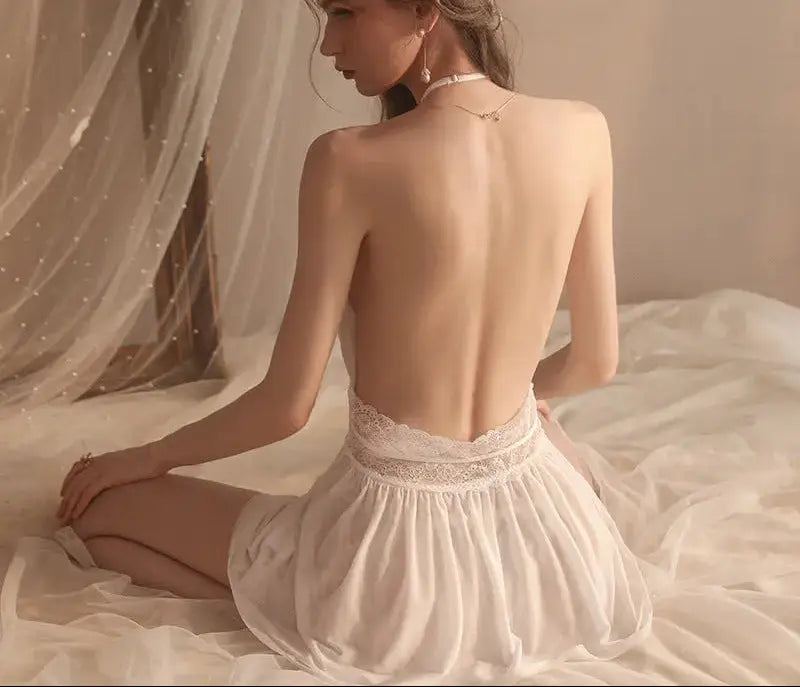 Rose Erotic Lingerie Pure Color Comfortable Pajamas Large Size Suspenders Nightdress Women's Mesh Backless Home Service Set 630