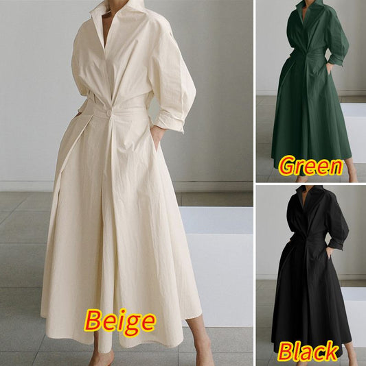 Elegant Long Sleeve Shirt Dress with Pockets - Maxi Waist Tie Dress Plus Size