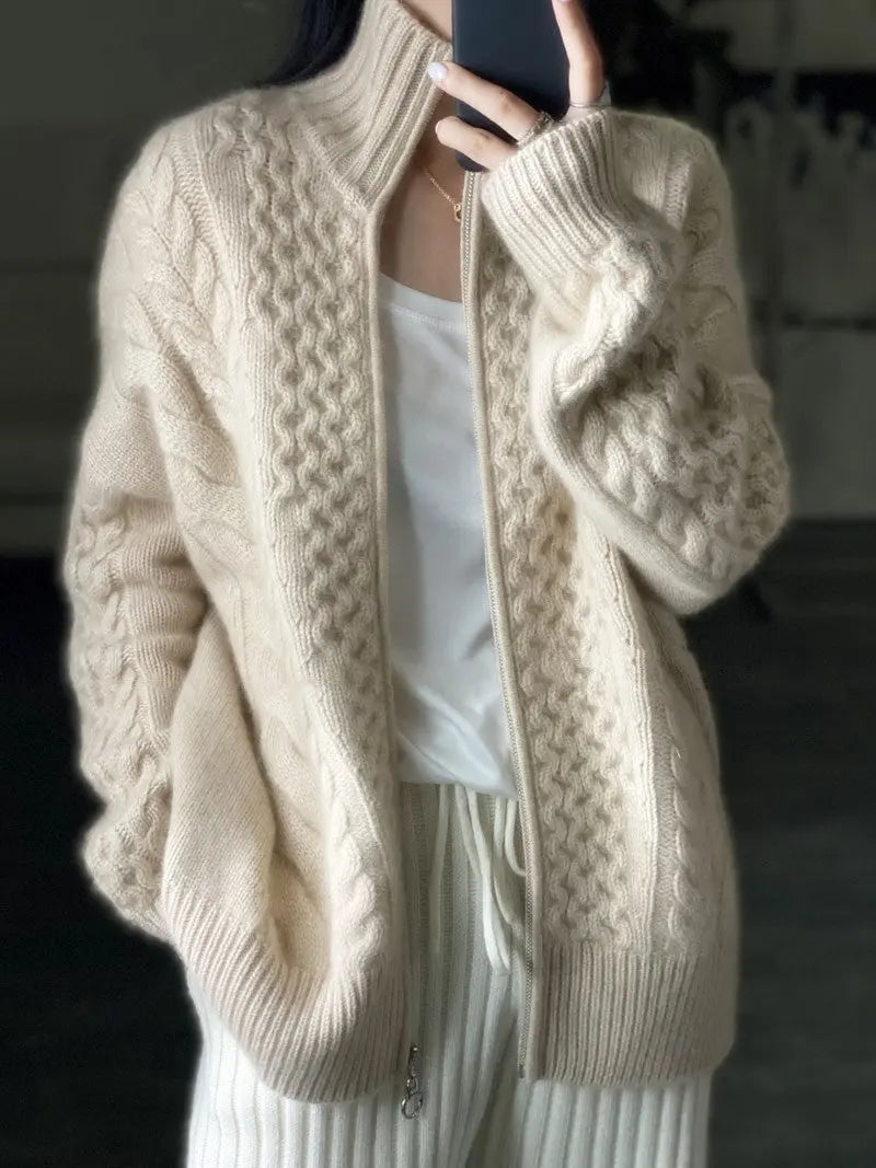 Heavyweight Thick Cashmere Sweater Women's Turtleneck Zipper Sweater Cardigan Lazy Loose Short Wool Knitted Top Coat