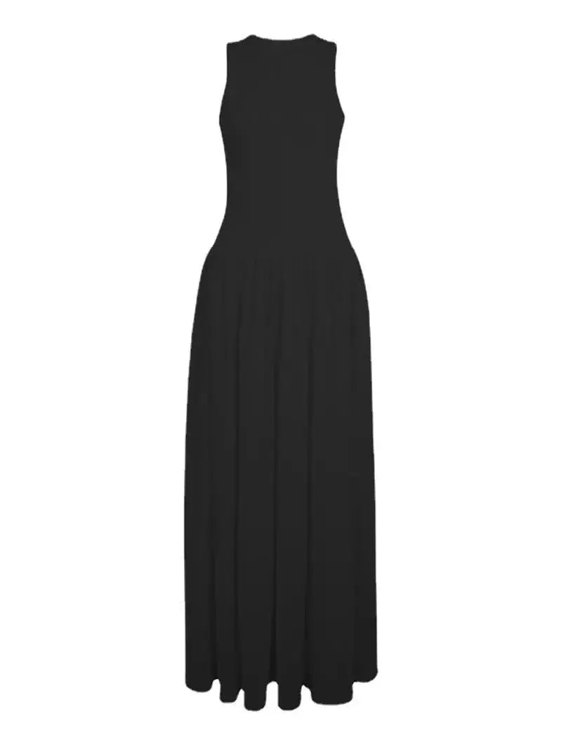 Versatile Round Neck Mid-length Dress Ribbed Solid Color Casual Large Skirt Design Waist Sleeveless Long Skirt Summer