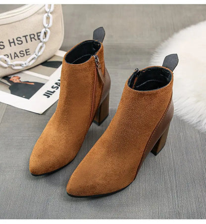 Women's Suede Pointed-Toe Block Heel Ankle Boots