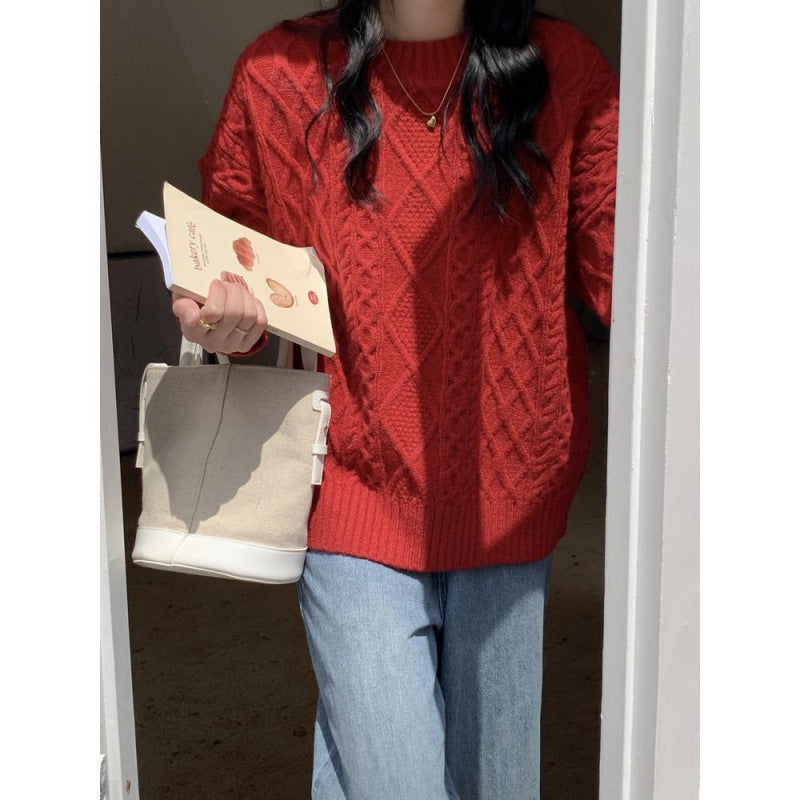 KANING New Year Red Twist Sweater Women's 2024 Autumn And Winter New Retro Lazy Style Crewneck Pullover Sweater