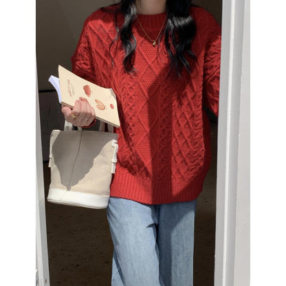 KANING New Year Red Twist Sweater Women's 2024 Autumn And Winter New Retro Lazy Style Crewneck Pullover Sweater