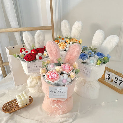 Cartoon Doll Bouquet Plush Knitted Bouquet Rabbit Ears Holding Flower Birthday Gift Atmosphere Decoration Bouquet Wholesale