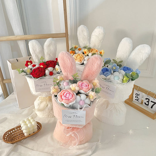 Cartoon Doll Bouquet Plush Knitted Bouquet Rabbit Ears Holding Flower Birthday Gift Atmosphere Decoration Bouquet Wholesale