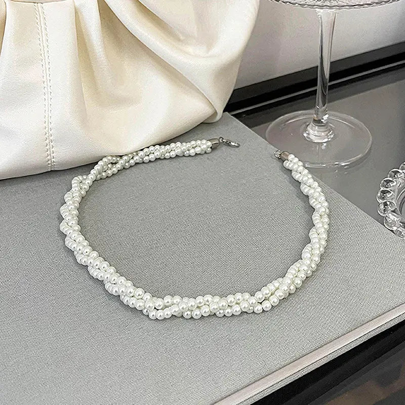 Retro Multi-layer Winding Imitation Pearl Necklace European And American Ins Elegant Simple Choker Fashion Niche Clavicle Chain Women