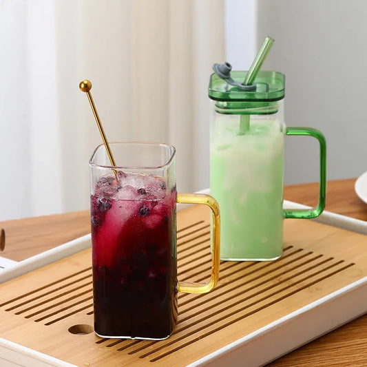 Square Glass Cup With Color Handle Milk Juice Cup Transparent Simple Household Cup Borosilicate Glass Water Cup