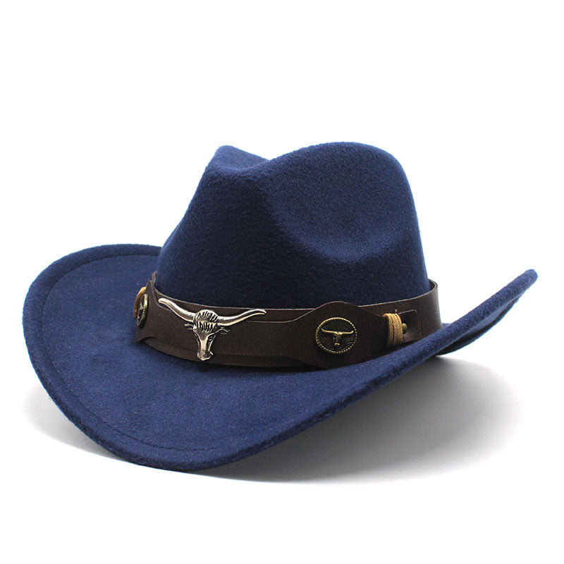 Top Hat Ethnic Style Bullmark Western Cowboy Top Hat Roll Brim Retro Horseback Riding Hat Wool Felt Hat