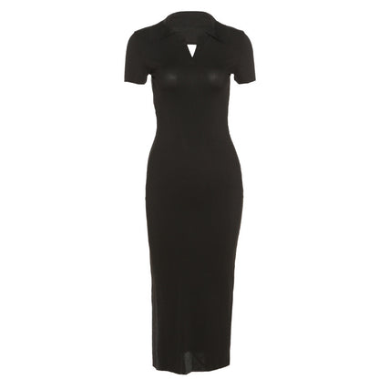 (Pre-Order) Women&#039;s Clothing Lapel Short-sleeved Sexy Backless Fashion Slim Slit Dress