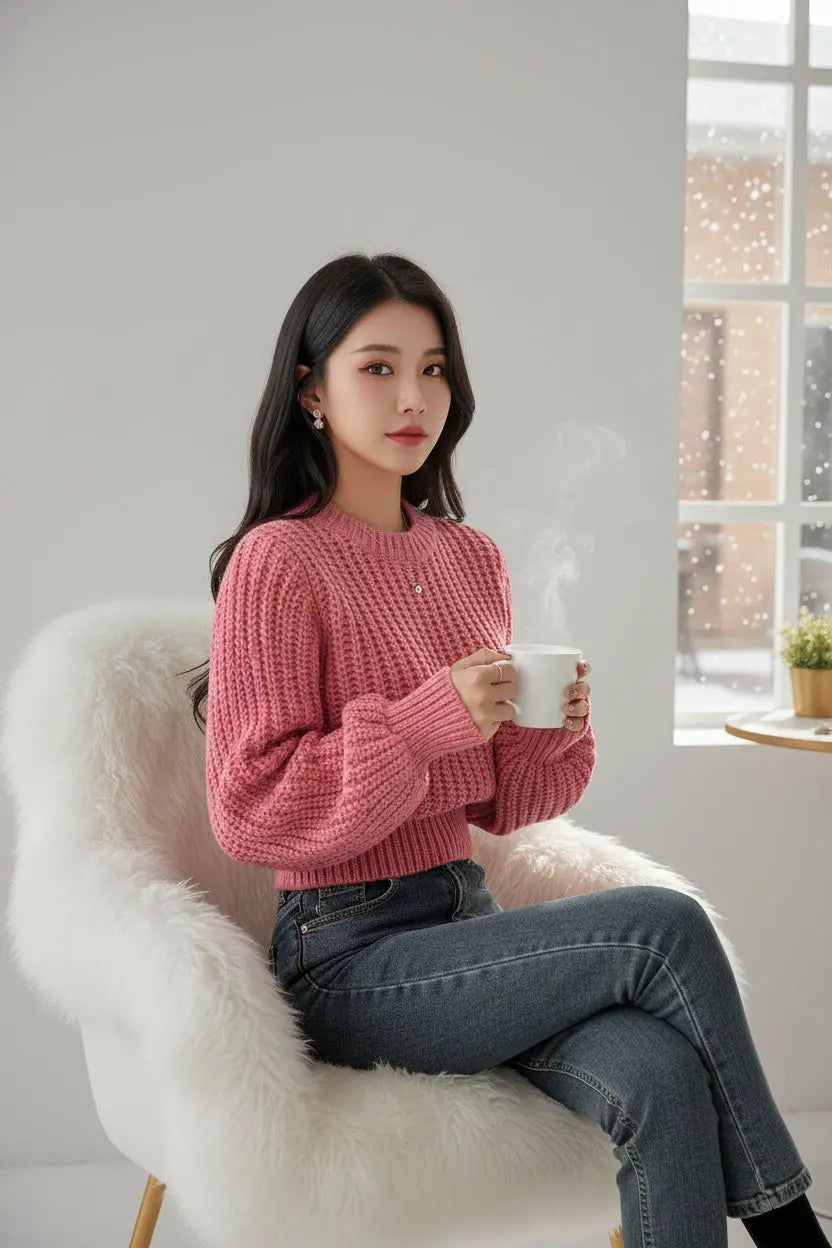 Korean Style Age-reducing Pink Puff Sleeve Soft Waxy Sweater For Women In Autumn And Winter Fashion Royal Sister Style Loose Pullover Knitted Top