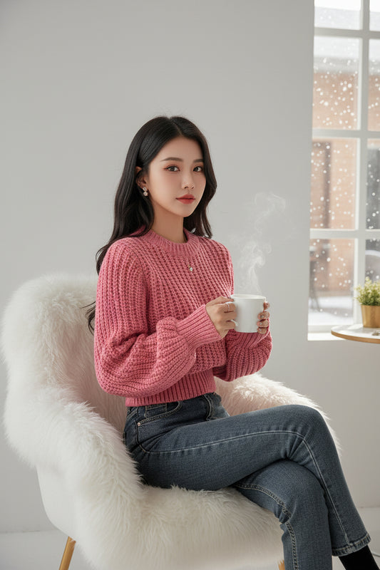 Korean Style Age-reducing Pink Puff Sleeve Soft Waxy Sweater For Women In Autumn And Winter Fashion Royal Sister Style Loose Pullover Knitted Top