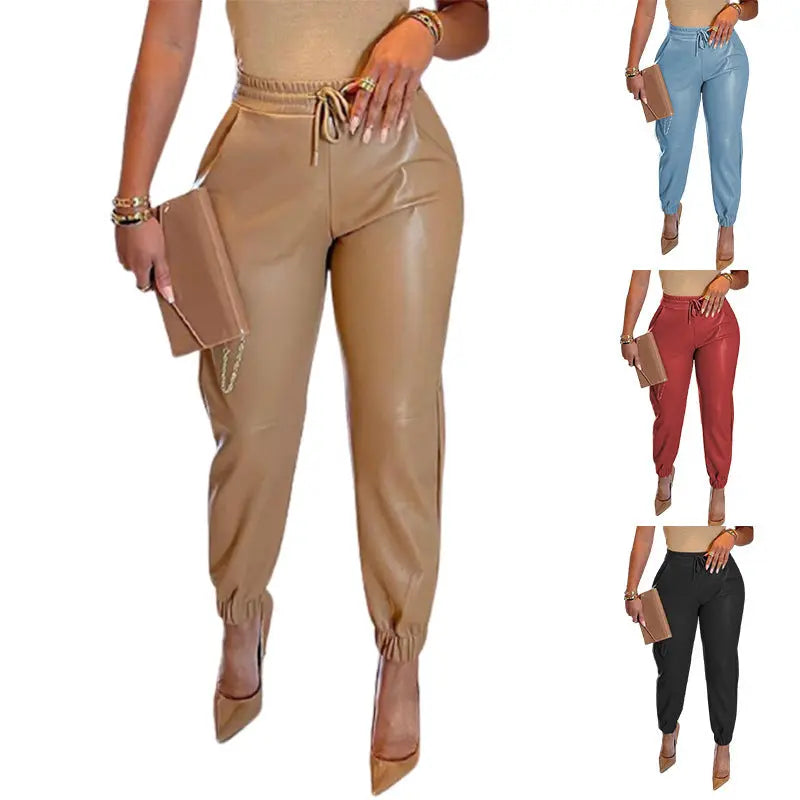 2022 Spring And Summer European And American Amazon New Solid Color Drawstring Pocket PU Leather Casual Fashion Leggings Leather Trousers Women