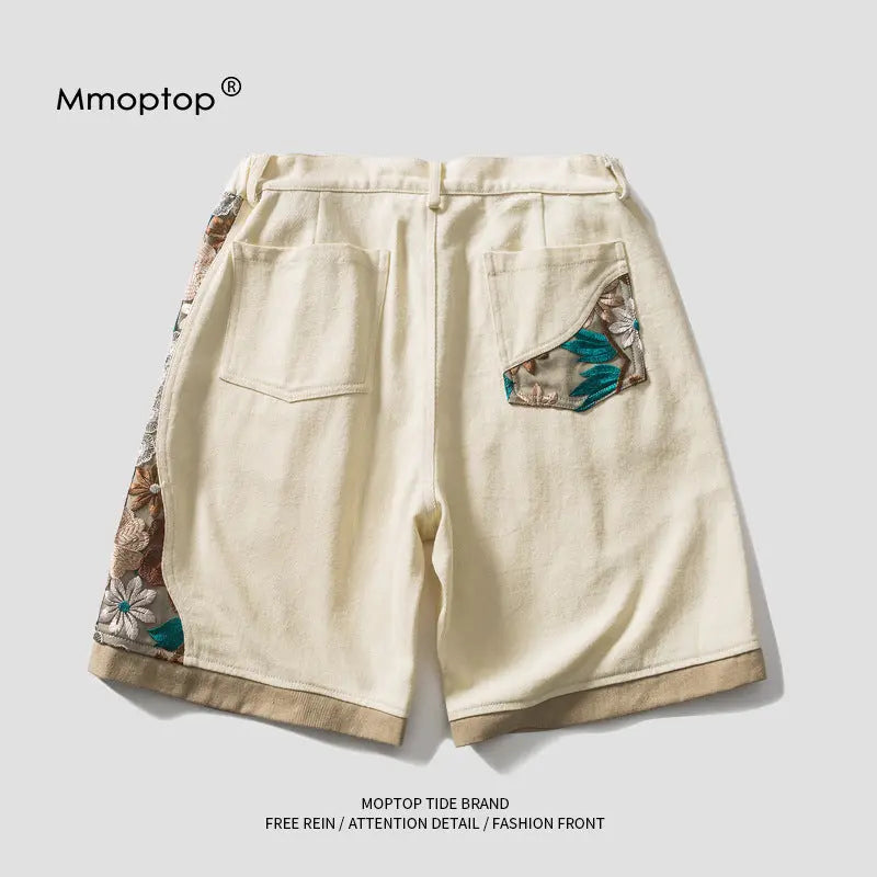New National Tide Embroidery Stitching Beach Shorts Men's Ins Loose All-match Casual Five-point Pants
