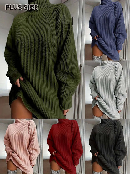 A collage showing an oversized ribbed turtleneck sweater in multiple colors, including olive green, blue, light gray, blush pink, red, and black. The main panel shows the sweater on a model from the back, with 'PLUS SIZE' text in the top left corner.