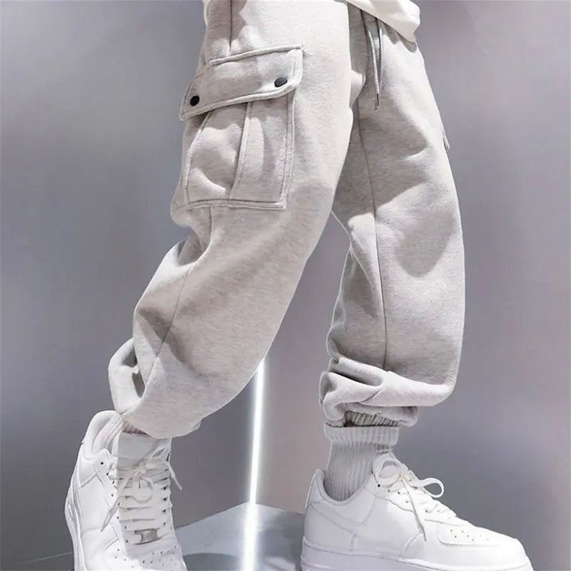 Snap Button Men's Casual Trousers Plus Fleece Warm Autumn And Winter Cropped Overalls