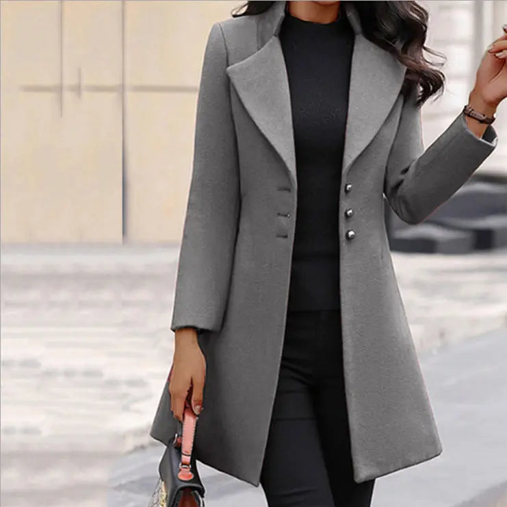Mid-length Lapel Slimming Solid Color Slim-fit Women's Woolen Coat