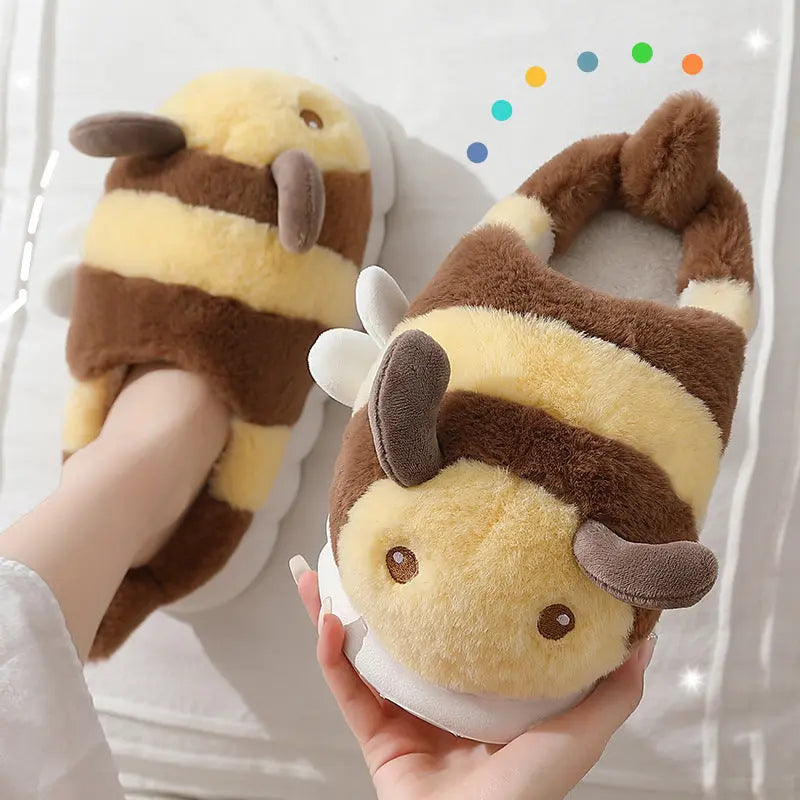 Little Bee Cotton Slippers Women's Winter Anti-Slip Home Indoor Warm Plush Couple Cartoon Cotton Slippers Home Wholesale Men's