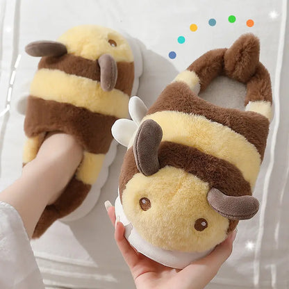 Little Bee Cotton Slippers Women's Winter Anti-Slip Home Indoor Warm Plush Couple Cartoon Cotton Slippers Home Wholesale Men's